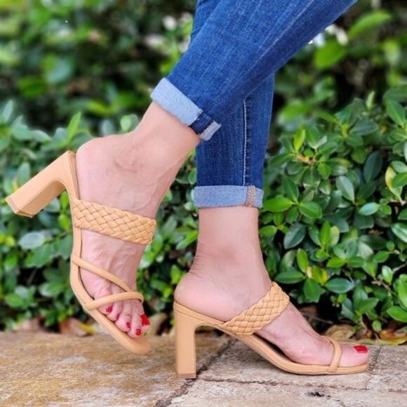 Women's Natural Braided Chunky Block Heel Slide Sandals - Picture 2 of 5